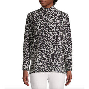 IMNYC Isaac Mizrahi Mockneck Long Sleeve Blouse Grey Leopard Size M NWT